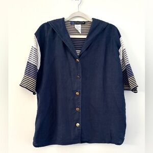Women's Size Large Nautical Button Down Blouse Navy Stripes Gold Coastal